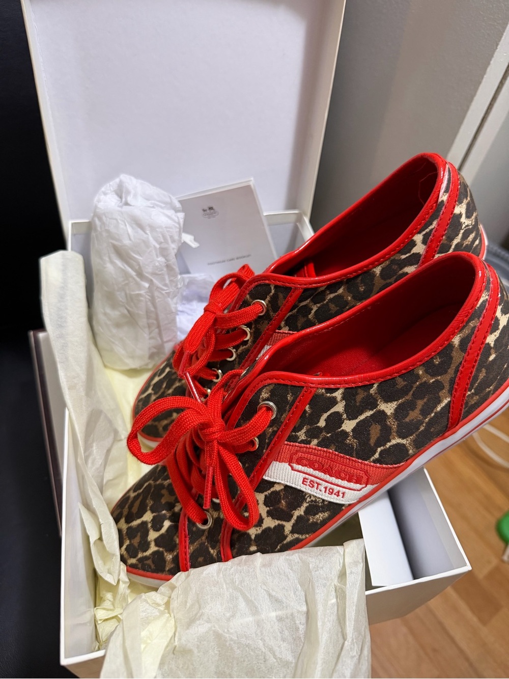 Coach Deja 16CM Scarf Prnt/Pat red leopard ocelot sneakers size 10 M w box